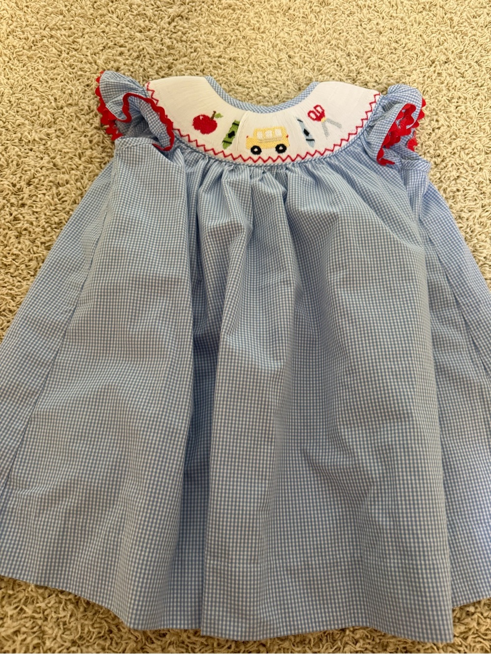 Blue Gingham Smocked Kids Nightgown with Red Ruffle Trim